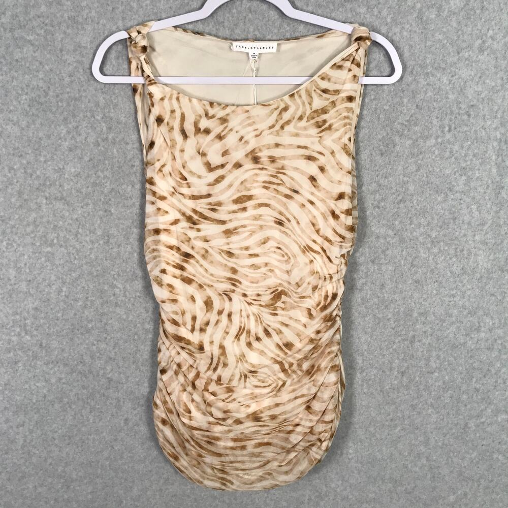Jane Delancey Top Medium Tan Brown Tank Blouse Animal Mesh Strap Knot Ruched